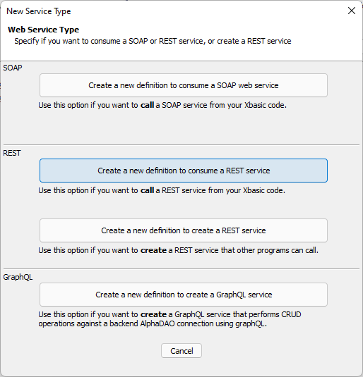 New Service Type dialog
